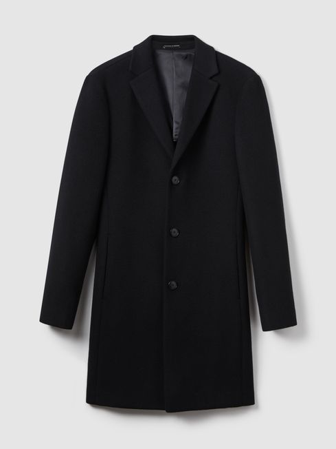 Reiss Black Gable Wool Blend Single Breasted Epsom Overcoat