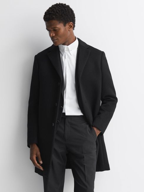 Reiss Black Gable Wool Blend Single Breasted Epsom Overcoat