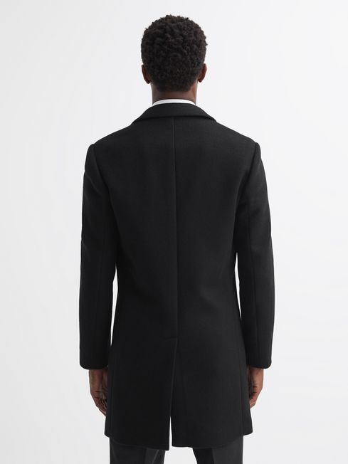 Reiss Black Gable Wool Blend Single Breasted Epsom Overcoat