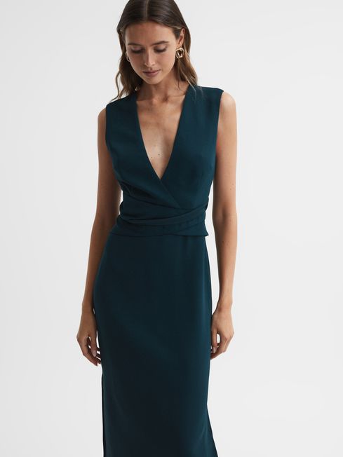 Reiss Teal Jayla Petite Fitted Wrap Design Midi Dress