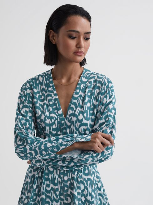 Reiss Teal/White Briella Belted V-Neck Long Sleeve Dress