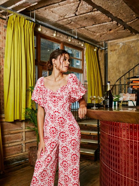 Red and white floral jumpsuit discount