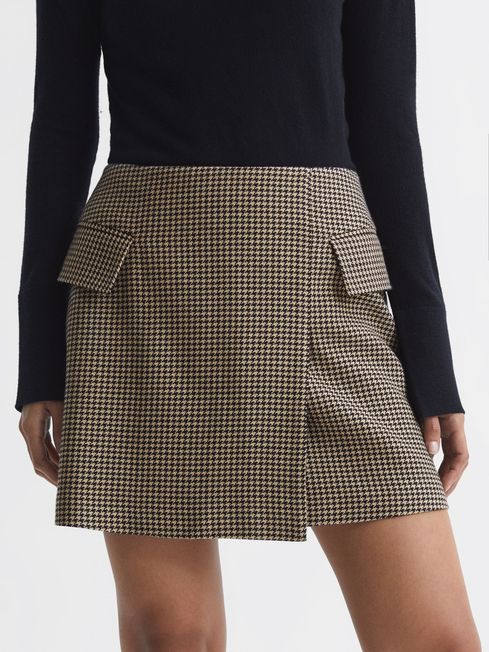 Reiss Black/Camel Ella Wool Dogtooth Mini Skirt