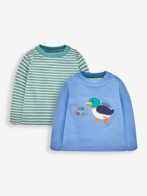 JoJo Maman Bébé Blue 2-Pack Duck Appliqué & Stripe Baby Tops