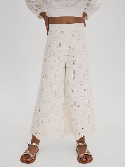 Reiss Ivory Nella Senior Cotton Broderie Lace Trousers