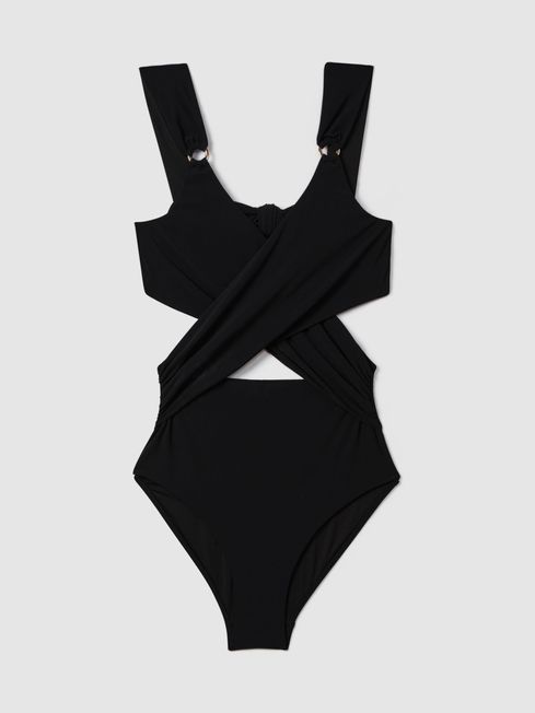 Reiss Black Chrissie Cross Front Cut Out Swimsuit