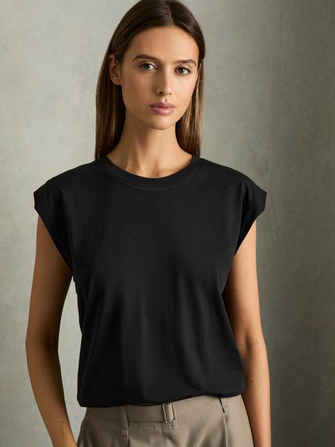 Reiss Black Morgan Cotton Capped Sleeve T-Shirt