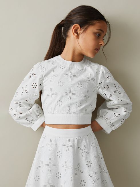 Reiss Ivory Nella Senior Cotton Broderie Lace Bow Back Top