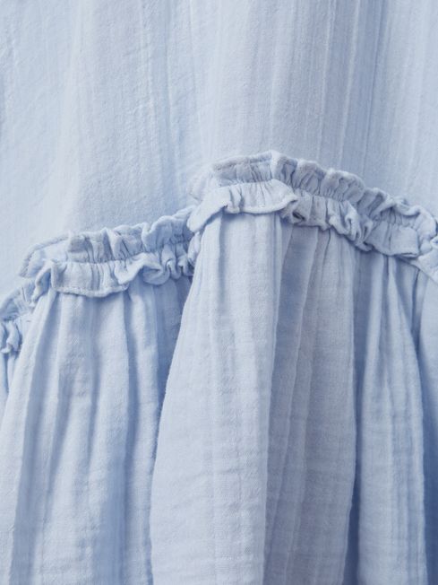 Senior Seersucker Cotton Ruffle Dress in Blue