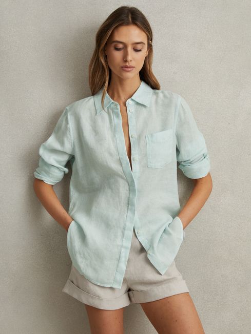 Reiss Aqua Belle Linen Button-Through Shirt