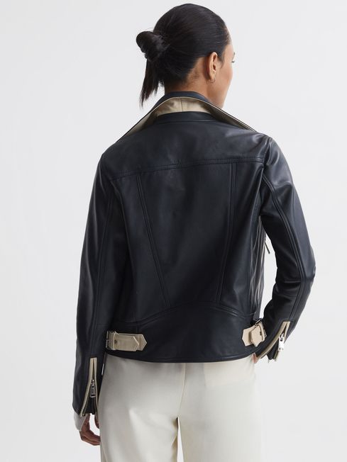 Reiss Navy Inka Leather Zip-Through Biker Jacket