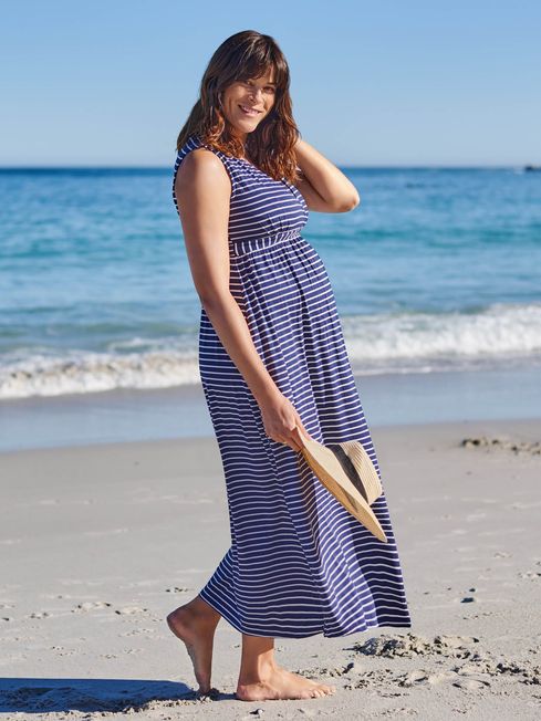 JoJo Maman B b Navy White Stripe Navy Breton Stripe Maternity Nursing Maxi Dress