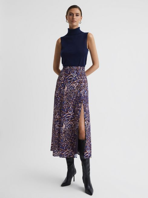 Reiss Blue Katia Printed Midi Skirt
