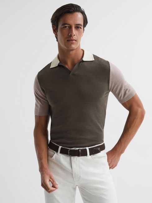 Reiss Mushroom Brown Stoneleigh Wool Open Collar Polo Shirt
