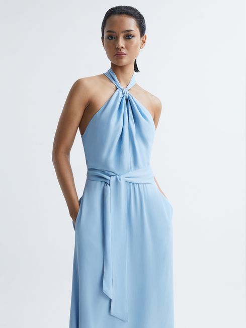 Reiss Blue Evelyn Fitted Halter Neck Midi Dress