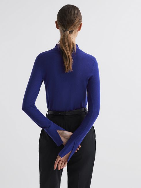 Reiss Blue Kylie Merino Wool Fitted Funnel Neck Top