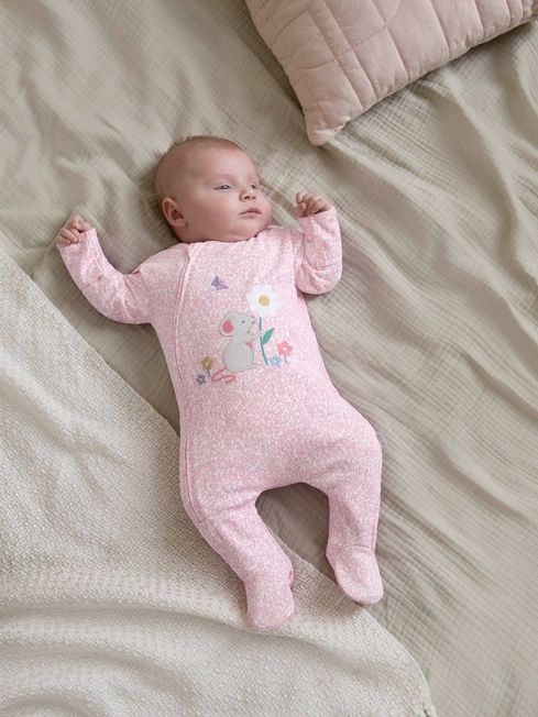 JoJo Maman Bébé Pink Mouse Appliqué Zip Sleepsuit