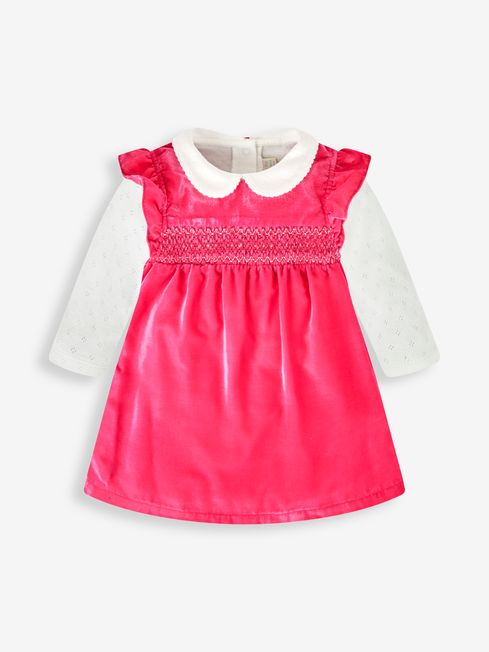 JoJo Maman Bébé Rose Pink Girls' 2-Piece Velvet Smocked Baby Dress & Body Set