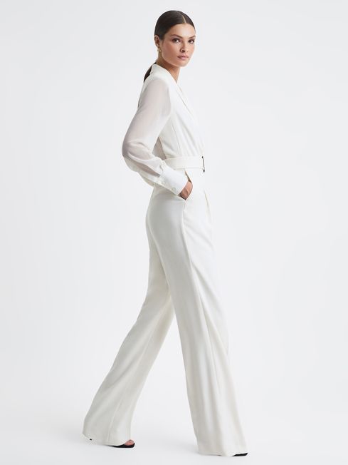 Reiss Ivory Flora Sheer Belted Double Breasted Jumpsuit