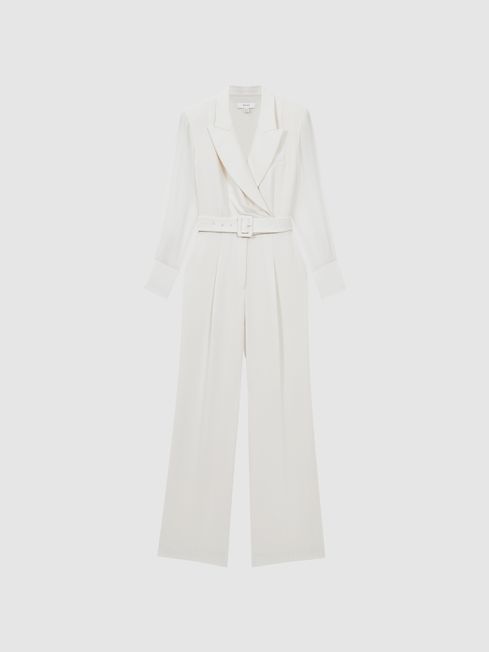 Reiss Flora Sheer Belted Double Breasted Jumpsuit | REISS USA