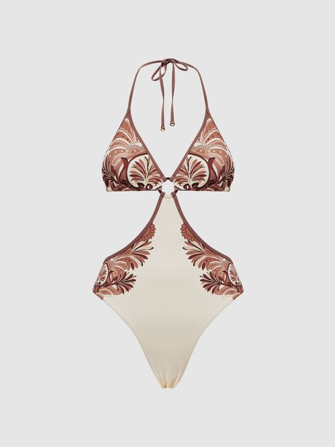 Reiss Tan Natalie Printed Cut Out Halter Neck Swimsuit