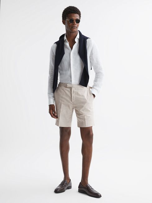 Reiss Oatmeal Craft Slim Fit Cotton-Linen Check Adjustable Shorts