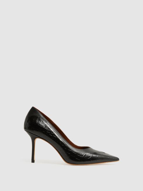 Reiss Black Gwyneth Leather Contrast Court Shoes