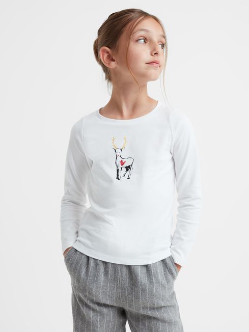 Reiss White Marli Junior Cotton Reindeer Long Sleeve T-Shirt