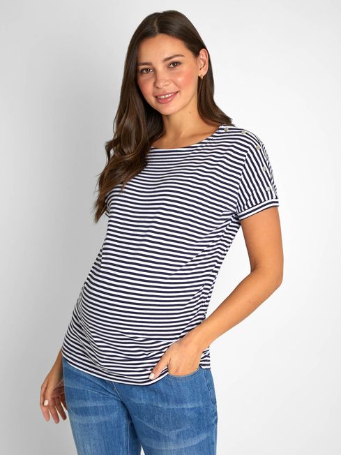 JoJo Maman Bébé Navy Ecru Stripe Stripe Drop Shoulder Maternity & Nursing Top