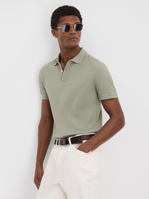 Reiss Dark Sage Puro Garment Dyed Cotton Polo Shirt