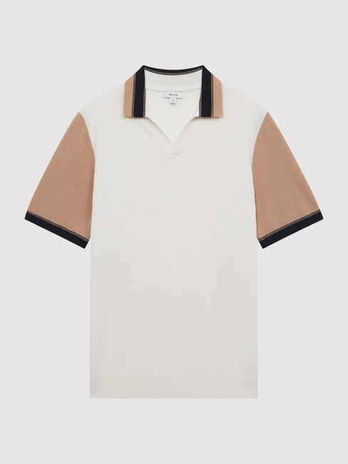 Reiss Ecru/Camel Kingsford Open Collar Striped T-Shirt