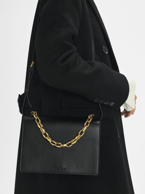 Reiss Black Sloane Leather Chain Handbag
