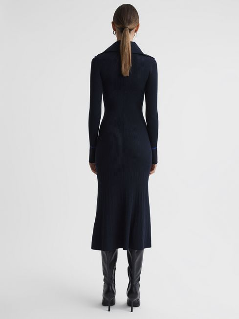 Reiss Navy/Blue Millie Knitted Ribbed Midi Dress
