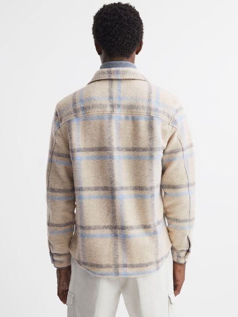 Wool Blend Check Overshirt in Oatmeal/Soft Blue