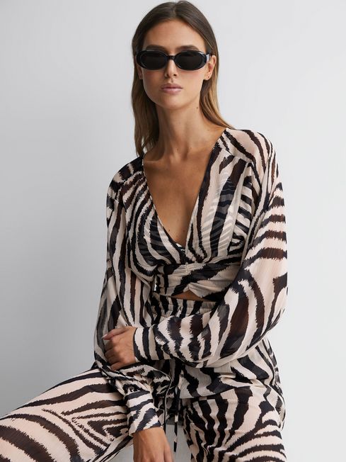 Reiss - farley zebra print cropped plunge neck blouse