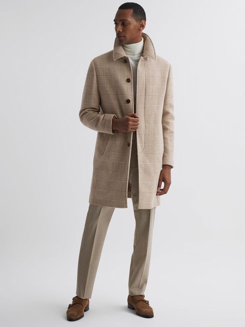 Reiss Oatmeal Bellagio Wool Check Mid Length Coat