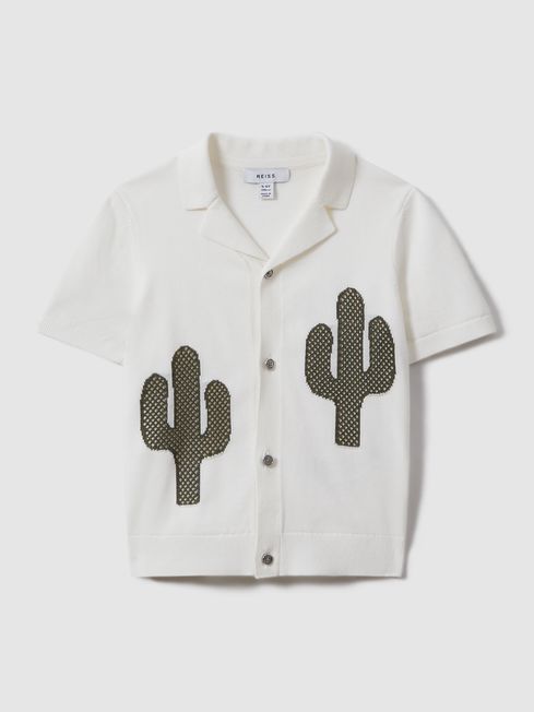 Reiss Ecru/Green Takla Knitted Cactus Cuban Collar Shirt