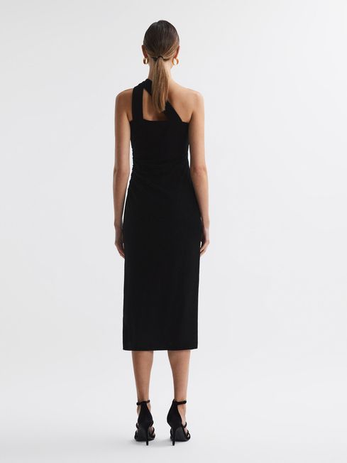 Reiss Black Abbey Velvet One-Shoulder Midi Dress