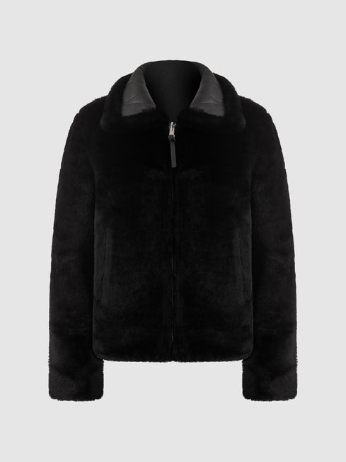 Reiss Black Melody Reversible Leather Shearling Zip-Through Jacket