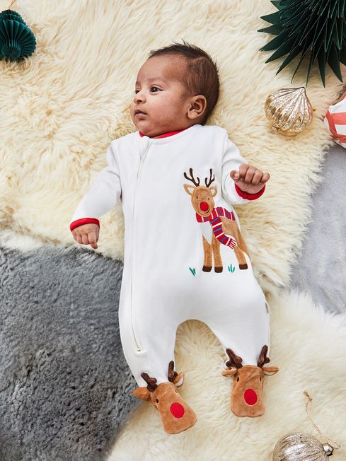 JoJo Maman Bébé Cream Reindeer Appliqué Zip Baby Sleepsuit