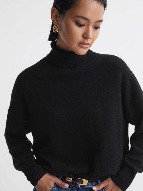 Reiss Black Mabel Fitted Cashmere Roll Neck Top