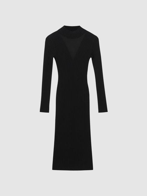Reiss Sabrina Ribbed Mesh Panel Bodycon Midi Dress REISS Ireland
