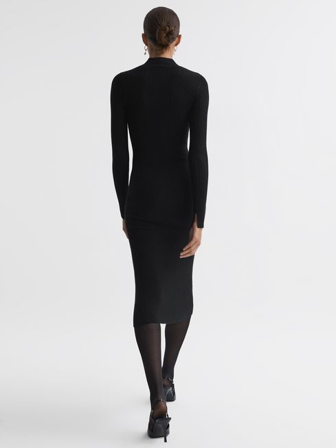 Reiss Black Sabrina Ribbed Mesh Panel Bodycon Midi Dress