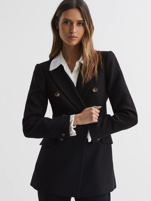 Reiss Black Laura Petite Double Breasted Twill Blazer