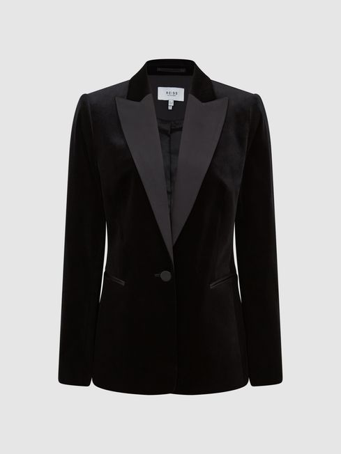 Reiss Black Opal Petite Fitted Velvet Single Breasted Suit Blazer