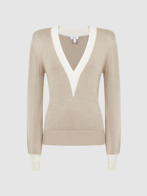 Reiss Tilly Contrast Trim Metallic V Neck Jumper REISS USA