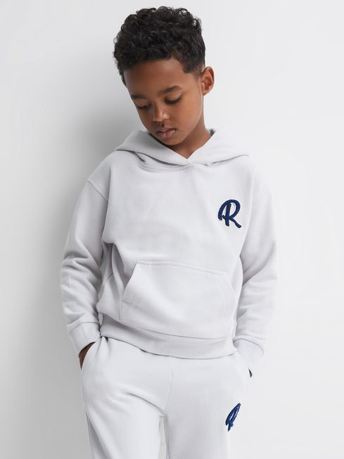 Reiss Ice Blue Cade Senior Relaxed Garment Dyed Logo Hoodie