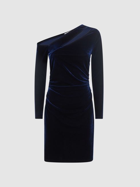 Reiss Navy Camilla Velvet Off The Shoulder Mini Dress