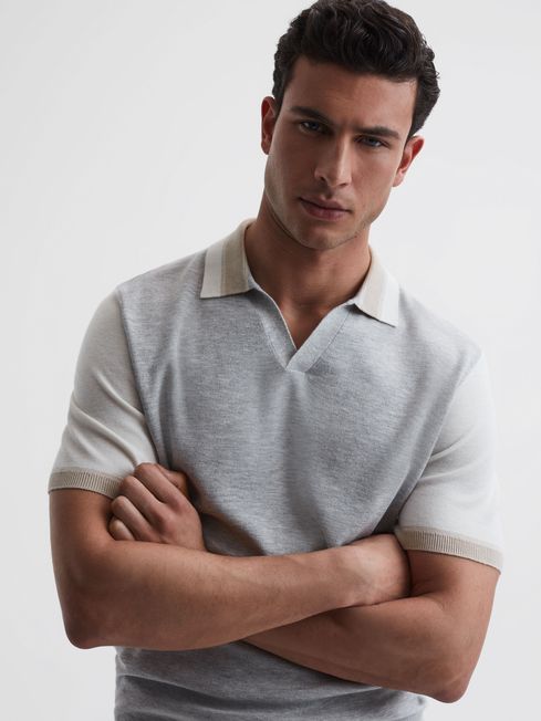 Reiss Soft Grey/White Kingsford Open Collar Striped T-Shirt