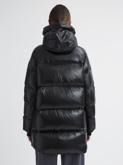 Reiss Black Rae Shiny Mid Length Puffer Coat
